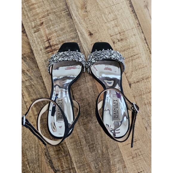 Badgley Mischka Rider Stiletto Heels Women's Size 7 Strappy Black Satin Crystals - Picture 6 of 16